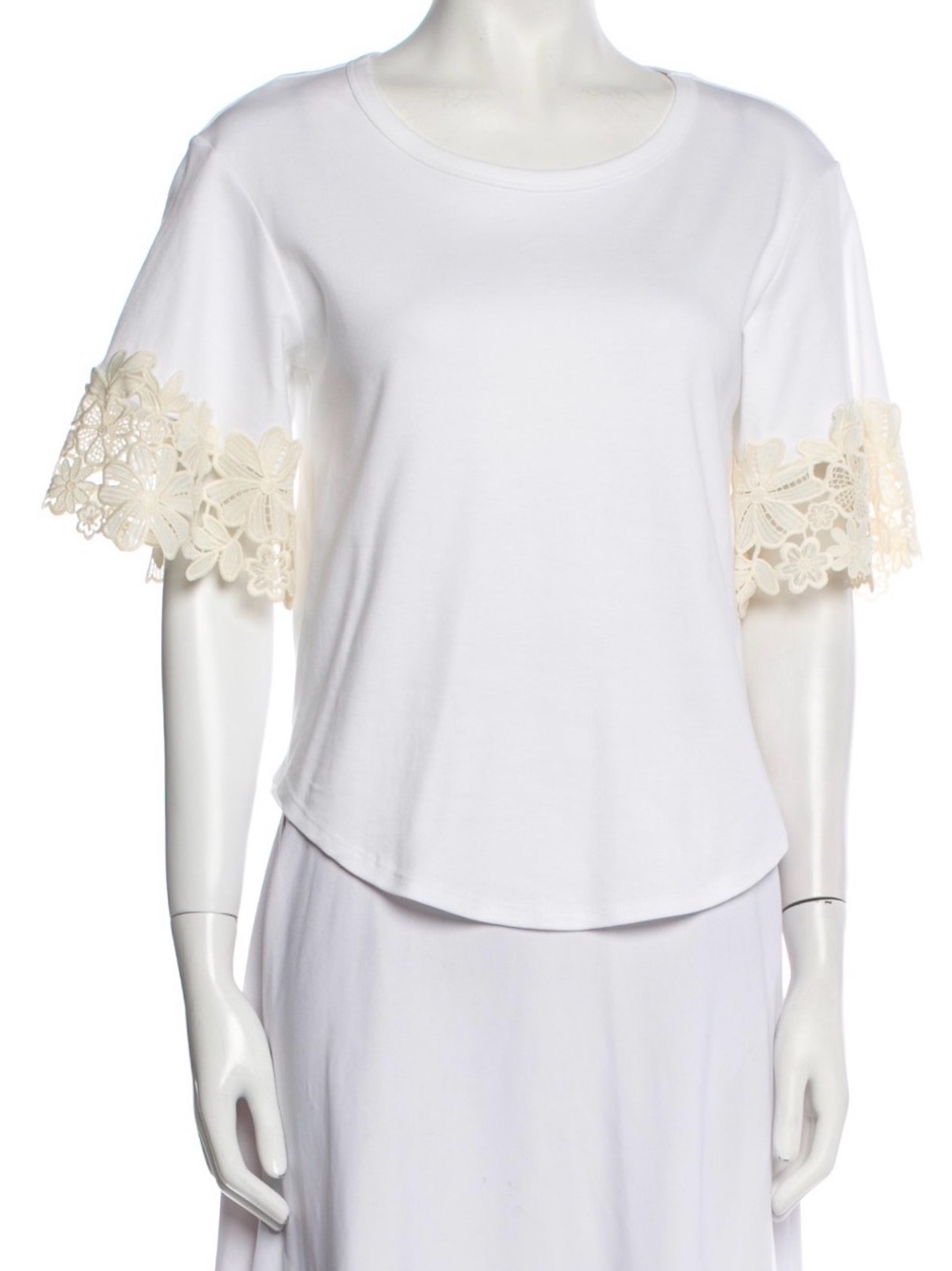 See By Chloe White Tee with Cream Floral Lace Sleeves